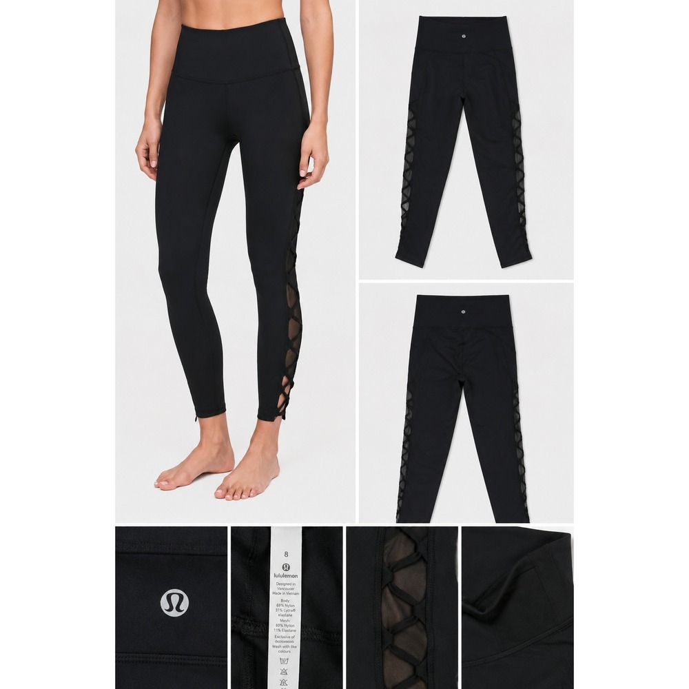 Lululemon Leggings Womens 8 Black Hi Rise Mesh Cross Tie Active Yoga Pants